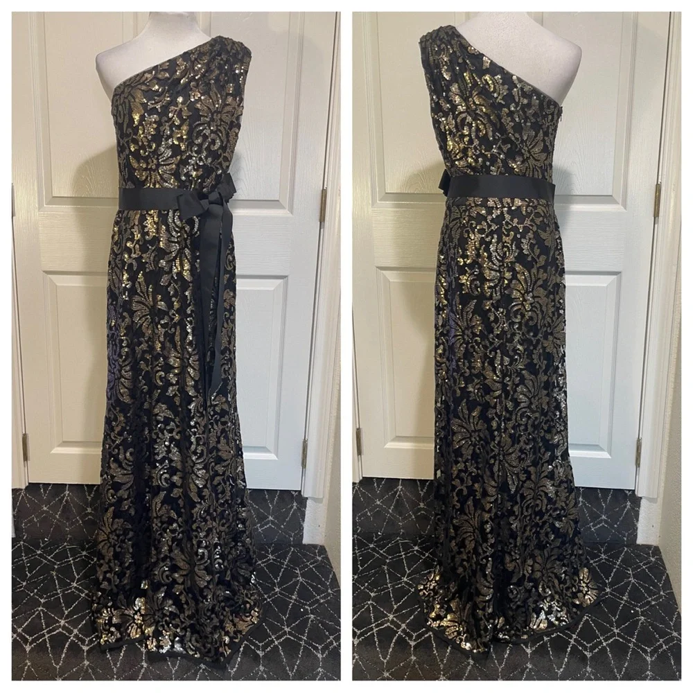 Tadashi Shoji One-Shoulder Dress in Black and Gold - Picture 2 of 8